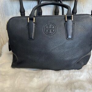 Tory Burch Black Leather Marion Triple Zippered Bag